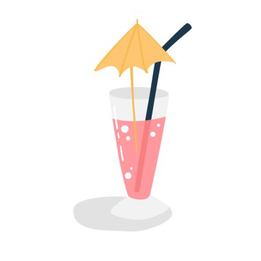 Saman ve şemsiyeli pembe limonata kokteyli. Cennette yaz tatili. Tatil köyü kavramı. Modern düz stilde vektör illüstrasyonu