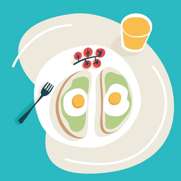 Breakfast Toasts Guacamole Fried Egg Toasts Cherry Tomatoes Orange Juice — Stock Vector