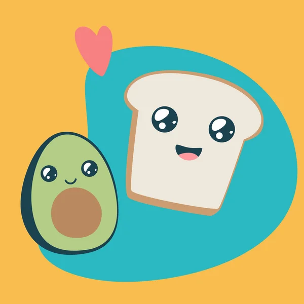 Süße Avocado Und Toast Kawaii Frühstück Lustige Figuren Aus Brot — Stockvektor