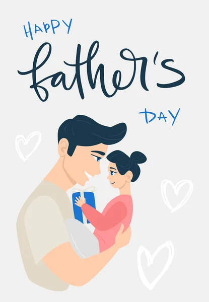 Happy Father Day Cartoon Illustration Dad Daughter Hearts Cute Holidays — Stock Vector