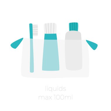 Şeffaf kozmetik çanta ve bakım ürünleri. Bir seyahate çıkabilirsin. Beyaz bir arka planda şeffaf kozmetik poşet içinde küçük bir şişe seti gezin. Vektör