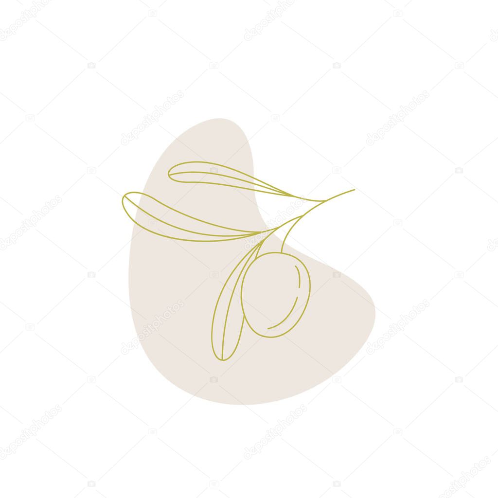 Logo of olives on a branch . Modern logo in line style on color spot. Minimalistic floral vector illustration. Elegant sign for canned olives, olive oil, olive plantation. logo of branch