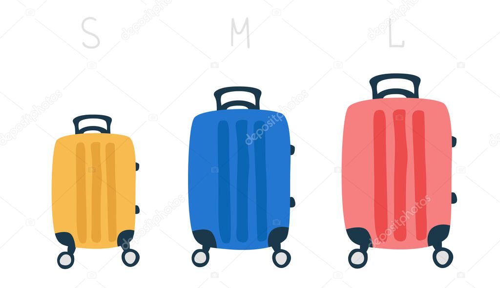 Set of suitcases of different sizes. S, M, L size detailed rolling suitcase. Small, medium and large luggage suitcases. Vector cartoon illustration. Front view. 