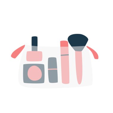 Şeffaf kozmetik çanta, kozmetik ürünler ve bakım ürünleri. Bir geziye giderken yanında götürebilirsin. Bir set oje, ruj, rimel, allık ve beyaz bir sırt çantasındaki şeffaf kozmetik torbası.