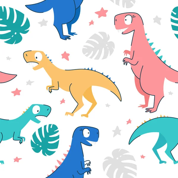 Seamless Patterns Concept Child Yellow Pink Blue Turquoise Dinosaurs Monstera — Stock Vector