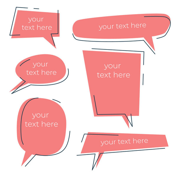 Blank speech bubbles with text place. Blank pink speech bubbles set with different hand drawn shapes isolated on white background. Set of hand drawn speech bubbles isolated. Doodle set element. Vector