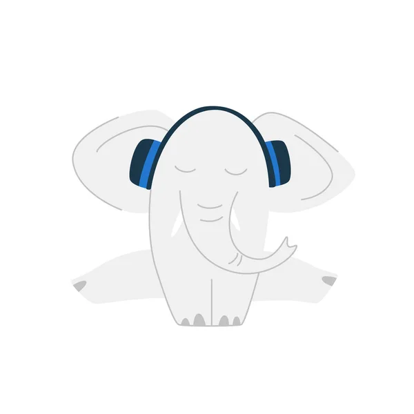 Divertente Cartone Animato Carino Elefante Grigio Cute Elefante Ascolta Musica — Vettoriale Stock