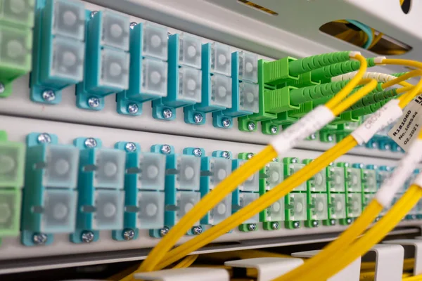 Patch Panel Fiberoptiska Nätverkskablar Fiber Optisk Installation Ett Rack — Stockfoto