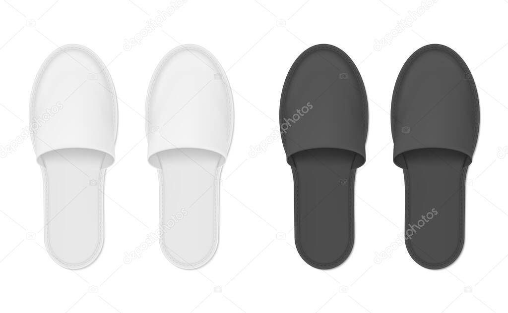 Download Set Of Realistic Home Hotel Slippers Vector Illustration Top View Of Black And White Domestic Comfortable Footwear Isolated Bath Soft Shoes With Classic Design Pair Of Textile Household Shoe Premium Vector