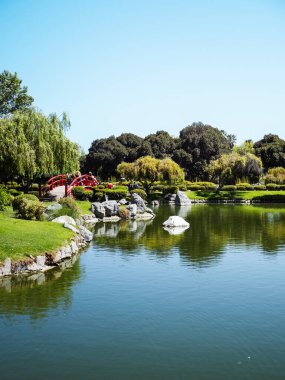 Havuzu ve kırmızı köprüsü olan sakin bir park. Su durgun ve köprü çarpıcı kırmızı bir renk. Park ağaçlarla çevrili ve huzurlu bir atmosferi var.