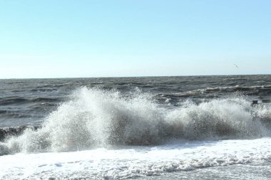 Denizde fırtına. Dalgalar kıyıya vuruyor, deniz köpüğü dökülüyor. Deniz ve gökyüzü ufukta birleşiyor..