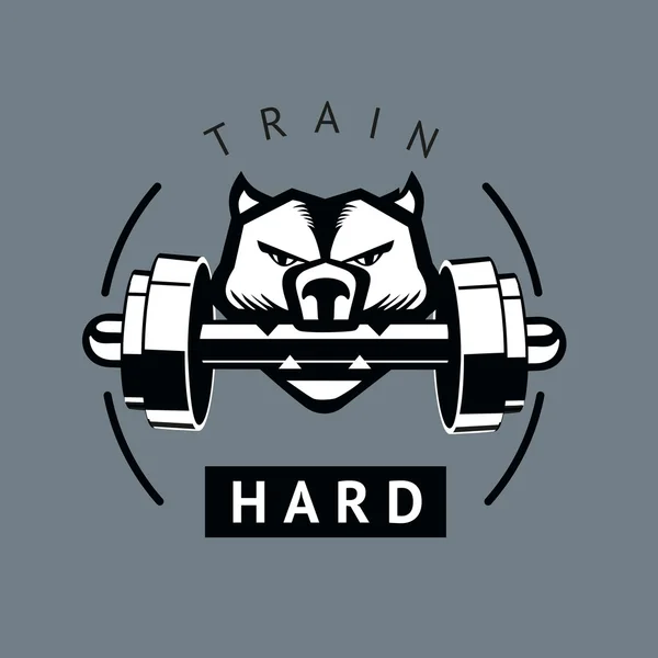 Angry dog with dumbbells. Sports motivation poster. Isolated vector sign — Stock Illustration Angry dog with dumbbells. Sports motivation poster. Isolated vector sign Vector Graphics