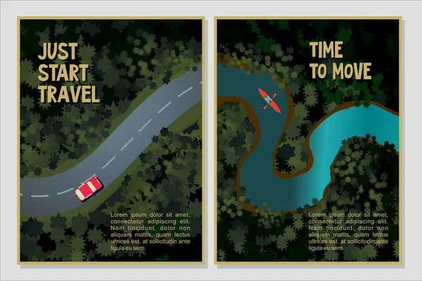 Travel posters set. Bird view of a forest river and road Cartoon vector illustration.