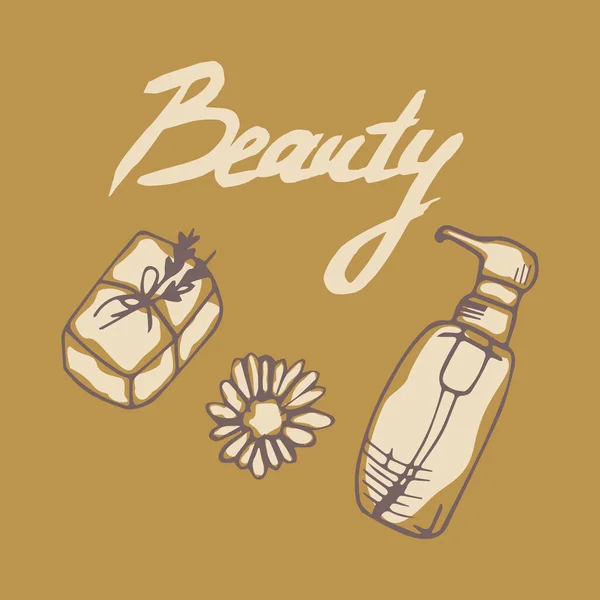 Beauty Woman 's Spa Ana Hattı (lavanta sabunu, papatya çiçeği, losyon) Parmak izi, etiket, güzellik uzmanları için rozet, moda, güzellik salonu. Renkli vektör karalama çizimi. Minimalizm