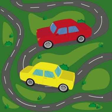 Çizgi film Trafik Grafik Sahnesi. Kırmızı ve Sarı Oyuncak Araba Vektörü Çizim Yolu Deseni