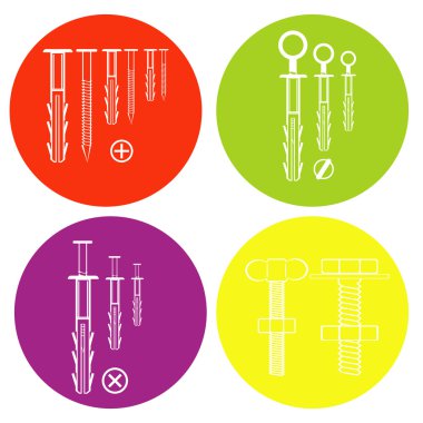 monochrome icon set with dowel nails, nuts and bolts. clipart