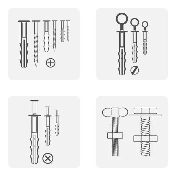 Monochrome icon set with dowel nails, nuts and bolts. — Stock Vector