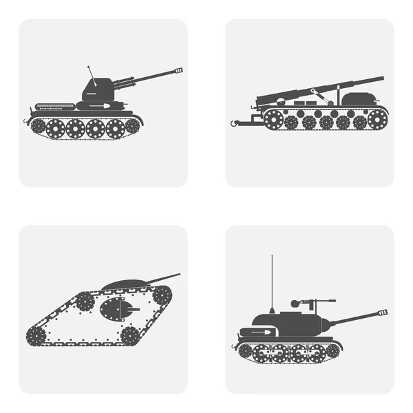 Monochromatický ikon s vojenským vybavením tanky a Samohybná děla — Stockový vektor