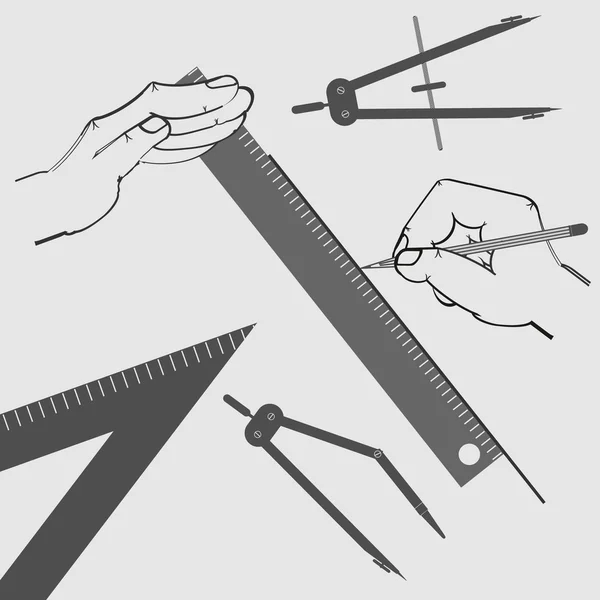 Imagen de manos con herramientas de dibujo — Vector de stock