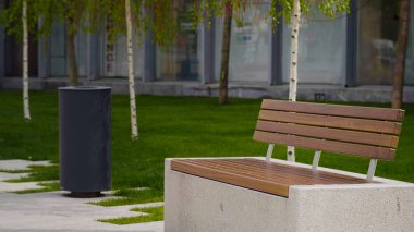 Parktaki banka, çöp kutusu, şehir parkı.