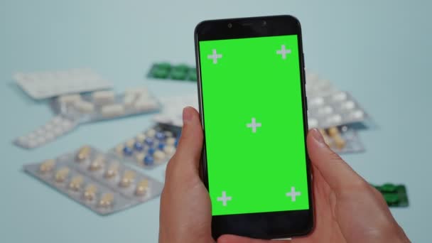 Close Women Hand Using Smart Phone Green Screen Medical Pills — Stock video