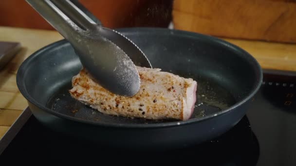 Pork Meat Frying Hot Pan Close Slow Motion Video Cooking — Stock Video