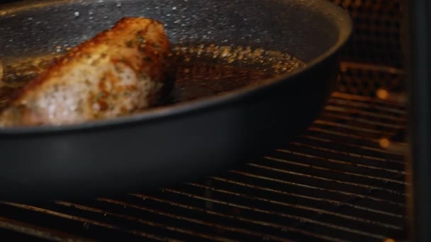 Varkensvlees Oven Gezet Koken Voedsel Gezondheidsconcept Close Smakelijk Vlees — Stockvideo