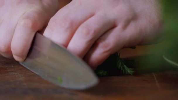 Cutting Fresh Dill Cutting Board Close Slow Motion Video Professional — Stock Video