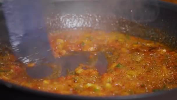 Slow Motion Mixing Hot Sauce Pan Close Footage Cooking Food — Stock Video