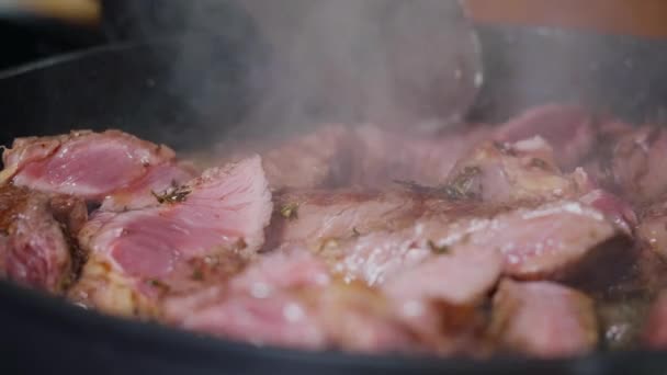 Deliciosa Carne Res Jugosa Cocina Sartén Hierbas Sazonadas Movimiento Lento — Vídeos de Stock