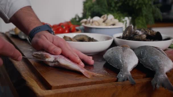 Čištění Ryb Před Vařením Mořské Jídlo Zpomalené Záběry Video Jídlem — Stock video