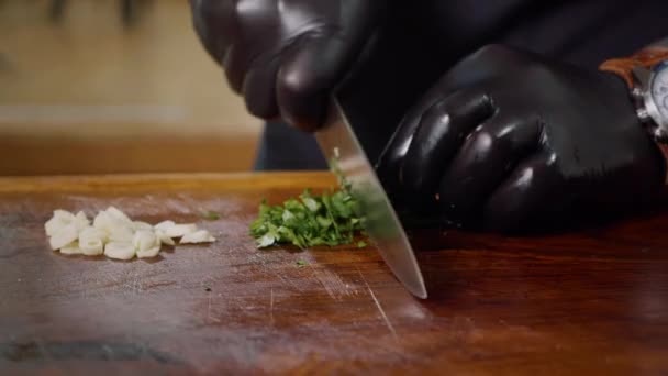 Chopping Fresh Green Parsley Wooden Chopping Board Food Industry Close — Stock Video