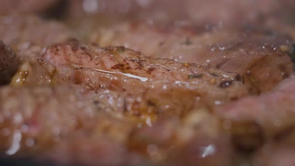 Delicious Juicy Beef Meat Cooking Close Slow Motion — Stock Video