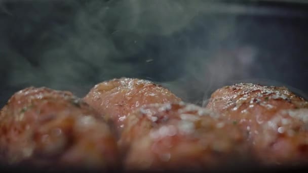 Tasty Meatballs Frying Hot Pan Close Shot — Stock Video