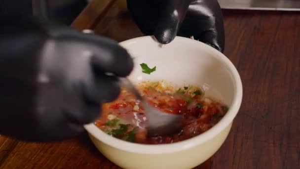 Mixing Sauce Metallic Spoon Small Bowl Slow Moving Video — стокове відео