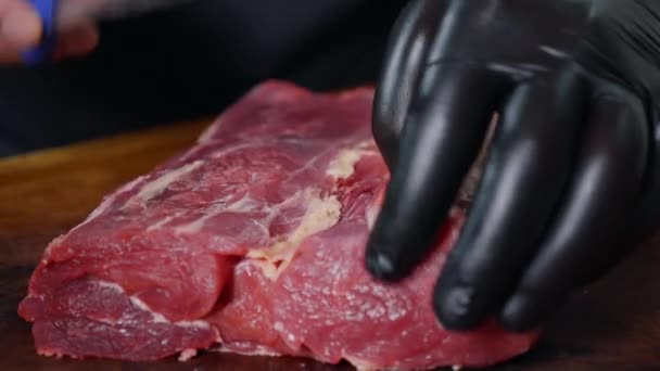 Cutting Portions Fresh Raw Beef Meat Preparation Cooking Juicy Fresh — Stock Video