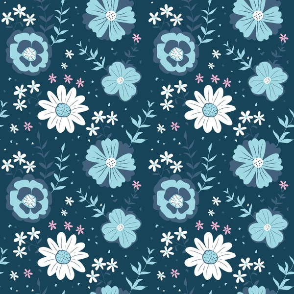 Seamless Pattern Blue Summer Flowers Dark Background Vector Illustration Flat — Stock Vector