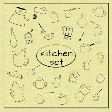 Set of kitchen items. Black outlines on a yellow background. Vector illustration in doodle style.
