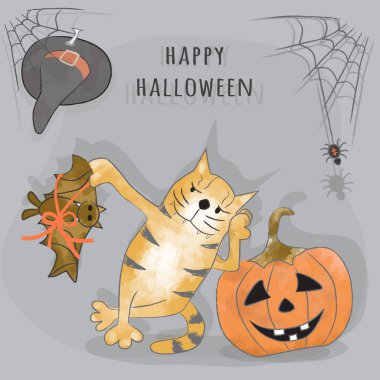 Greetings Happy Halloween card. Funny Cartoon ginger tabby cat holds a bat tied with a gift ribbon. Halloween poster with cat, bat, spider, pumpkin and witch hat. Vector illustration.