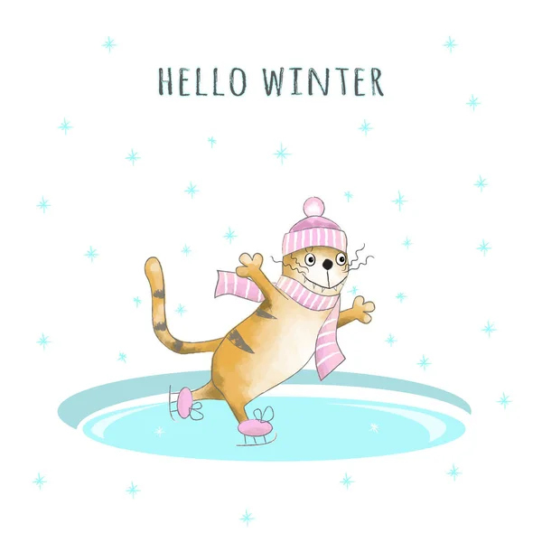 Funny Ginger Tabby Cat Cap Scarf Skating Hello Winter Cartoon — 图库矢量图片