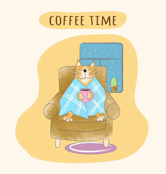 Cute Ginger Cat Sits Armchair Wrapped Plaid Mug Coffee Coffee — Vector de stock