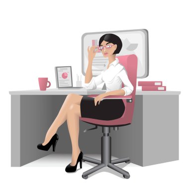 A businesswoman with glasses sits on a chair in front of a desk. Monitor, laptop, folders, and a mug on the table. Vector illustration.