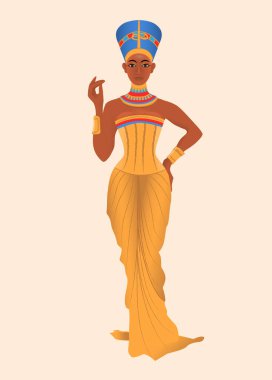 Beautiful dark-skinned woman stylized into Nefertiti full-length. Egyptian woman. Vector illustration.