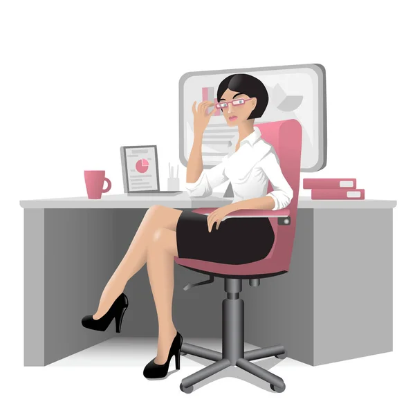 Businesswoman Glasses Sits Chair Front Desk Monitor Laptop Folders Mug — Vector de stock