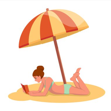 Young woman reading a book on the beach. The girl is resting on the beach. Vector illustration in flat style.