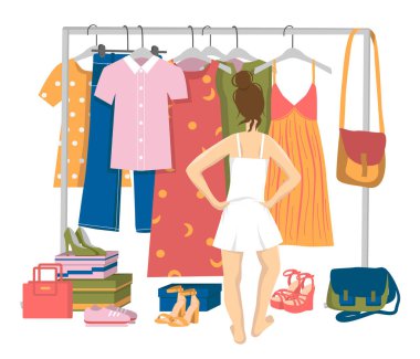The girl in underwear stands in front of the hanger and chooses clothes. Young woman trying to choose outfit. Cartoon vector illustration in flat style.
