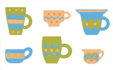 Set of decorative colored mugs for tea and coffee. Blue, green and pink cups with geometric ornament. Vector illustration in flat style