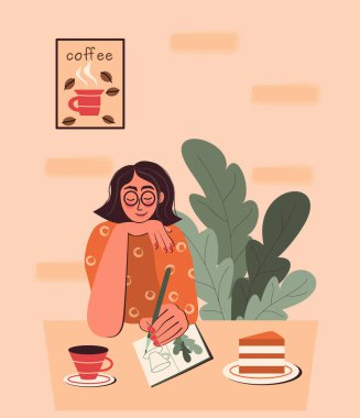 Girl draws at table in coffee shop. On the table is a cake, a mug and a sketchbook. Flat vector illustration, cartoon character