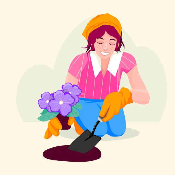 Woman Planting Flowers Garden Young Girl Transplants Plant Character Gardener — Vector de stock