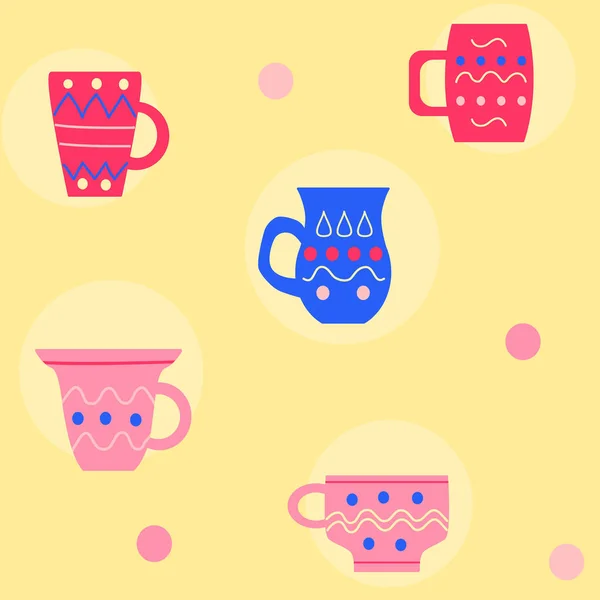 Seamless Pattern Colored Mugs Pink Blue Color Yellow Background Vector — Διανυσματικό Αρχείο